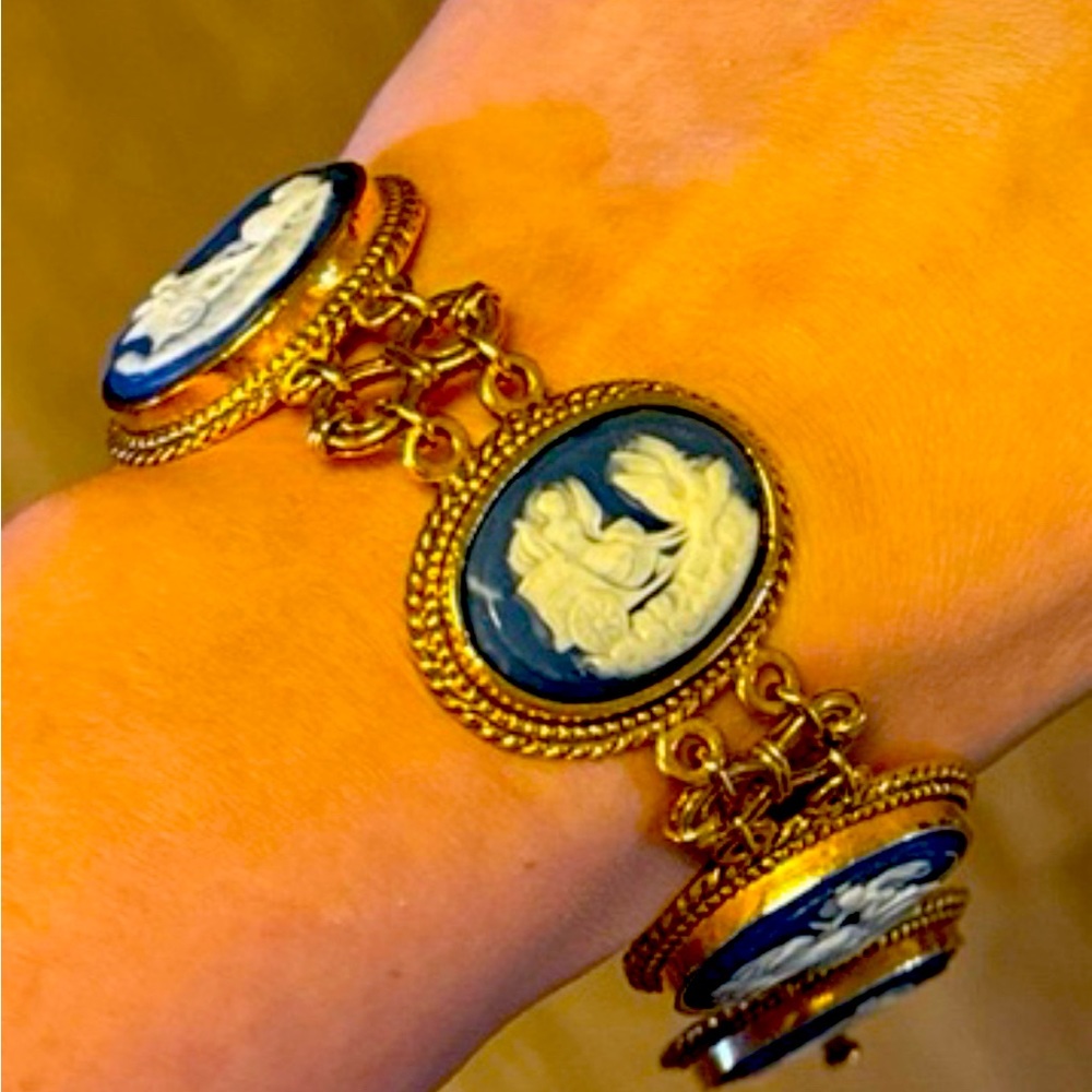 Vintage Gold Blue Neoclassical Cameo Shell Bracelet Roman Chariots Gods